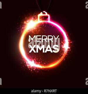 Neon Weihnachten Dekoration. Weihnachten Hintergrund. Dekorative Kreis leichte Banner. Red christmas Ball oder Rahmen mit feiern Text. Leuchtender Rand mit Schein explosion Feuerwerk. Farbe Vector Illustration Stock Vektor