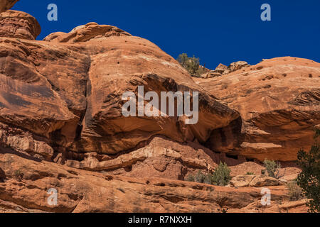 Blick über McLoyd Canyon in Richtung Mond Haus Ruine auf Cedar Mesa, durch den späten Ancestral Puebloans und einst Teil der Bären Ohren National Monument gebaut Stockfoto