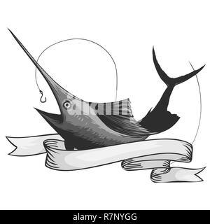 Marlin fischen Logo. Schwert angeln Emblem für Sport Club. Wütend fisch Hintergrund Thema Vector Illustration. Stock Vektor