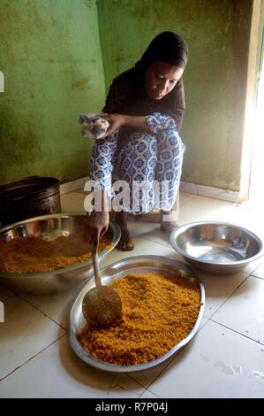 Senegal, Vorbereitung von thiep Bou dien (Reis mit Fisch) in einem peuhl Dorf Stockfoto