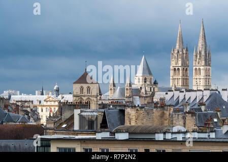 Frankreich, Calvados, Caen, Blick auf die Altstadt vom Schloss von Wilhelm dem Eroberer, Ducal Palast, der Abbaye Aux Hommes und Saint Etienne Kirche Stockfoto