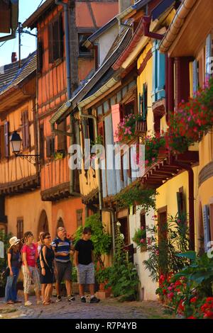 Frankreich, Haut Rhin, Alsace Wine Route, Eguisheim, bezeichnete die Schönsten Dörfer Frankreichs, traditionelle Fachwerkhäuser in einer Gasse des Dorfes von Eguisheim Stockfoto