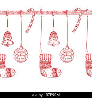 Vektor dekorative nahtlose Grenze von Weihnachten Symbole auf nahtlose Holzstab - Candy Cane, Baum Ball Spielzeug, Socke, Weihnachten Glocke. Gruß an Weihnachten Stock Vektor