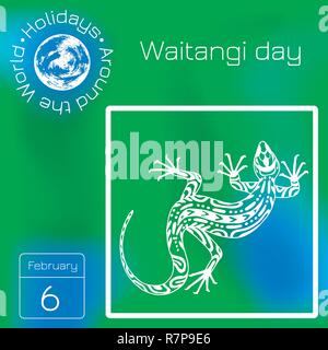 Waitangi Day. Nationalen Tag der Neuseeland. Ethnische Eidechse. Kalender. Urlaub rund um die Welt. Grüne blur Hintergrund - Name, Datum Abbildung Stock Vektor