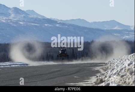 Eine Alaska Army National Guard UH-60 Black Hawk Hubschrauber zum 1.BATAILLON zugeordnet, 207 Aviation Regiment, landet auf malemute Drop Zone auf einer gemeinsamen Basis Elmendorf-Richardson, Alaska, 22. März 2017. Das Alaska Army National Guard zur Verfügung air Support für Flieger, zugeordnet zu den 3 Air Support Operations Squadron, wie sie Hubschrauber springen sustainment Training durchgeführt. Stockfoto