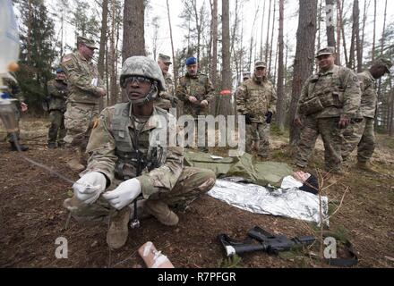 Grafenwöhr, Deutschland - Sehr geehrte Besucher aus der Bundeswehr Operative medizinische Unterstützung Befehl und 21 Theater Support Command eine Demonstration während der US-Armee Soldaten beobachten, während der US-Armee Europa Experten Bereich Medizinische Abzeichen Bewertung in Grafenwöhr, Deutschland am 24. März 2017. Etwa 215 Kandidaten aus der US-Armee und zehn europäischen Partner Nationen nahmen an diesem alle zwei Jahre stattfindenden Bewertung in den Hoffnungen des Erzielens der begehrten US-Armee EFMB. Stockfoto