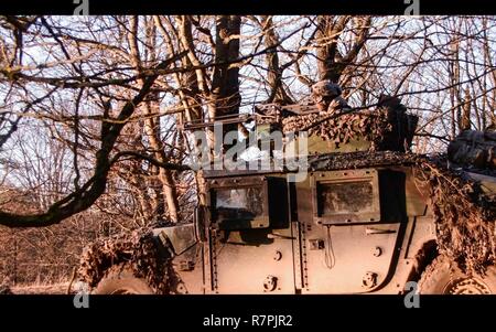 Ein Fallschirmjäger der US-Armee von Delta Unternehmen, 1.BATAILLON, 503Rd Infanterie Regiment, 173Rd Airborne Brigade zieht Sicherheit während in einer defensiven Haltung in Hohenfels, Deutschland am 27. März 2017. Stockfoto