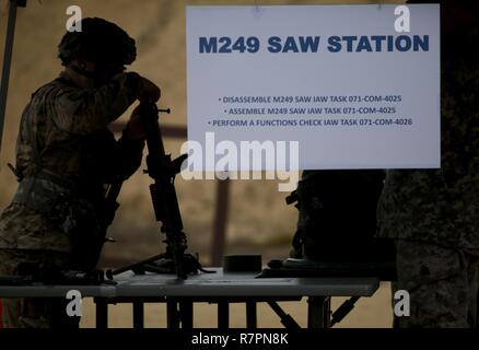 Ein New-jersey Army National Guard Soldat nimmt neben einem M249 Squad Automatic Weapon während eines Routine stress Schießen während der 2017 New Jersey Army National Guard besten Krieger Wettbewerb auf Joint Base Mc Guire-Dix - Lakehurst, New Jersey, 28. März 2017. Acht Soldaten und acht NCOs konkurrieren in der NJARNG besten Krieger Wettbewerb, März 27-29, welche Funktionen zeitgesteuerte Ereignisse, einschließlich urbanen Kriegsführung Simulationen, ein 12-Meile ruck März, land Navigation, und die Armee körperliche Fitness testen. Die oberen Soldat und NCO weiter gehen in der Region 1 Wettbewerb im April gegen Truppen des nationalen Schutzes von konkurrieren Stockfoto