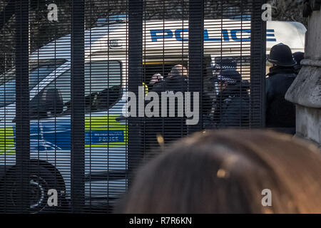 London, Großbritannien. 11. Dezember, 2018. Eine festgenommenen inhaftiert im Inneren eines wartenden Polizei van Momente nach Offiziere der Verdächtige in der Eingang zum Gelände des britischen Parlament tasered. Der Londoner Metropolitan Police bestätigt in einer Erklärung, dass der Mann war Inhaftierung hatte und mit der Kutsche Tore im Palast von Westminster wegen des Verdachts auf hausfriedensbruch an einem geschützten Standort verhaftet." Credit: Guy Corbishley/Alamy leben Nachrichten Stockfoto