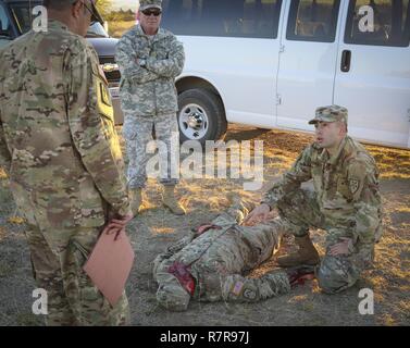 Armee finden Sgt. Anderson Rodriguez (rechts), Satellitenkommunikation Fahrer/Betreuer, zugeordnet zu den 4. Gemeinsamen Communications Squadron, gemeinsame Kommunikation Support Element, 335.- Signal (Theater), spricht mit einem Kader Mitglied, als er einem simulierten Unfall während einer Geheimnis bei dem Befehl und besten Krieger Wettbewerb 2017 auswertet, in Fort Huachuca, Arizona gehalten. Stockfoto