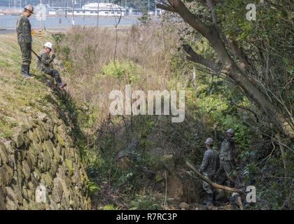 SASEBO, Japan (30. März 2017) Naval Mobile Konstruktion Bataillon fünf Seabees von oben und unten einen Entwässerungsgraben, Grabsteine, die von der Umgebung auf Hario Shima Ordnance Facility onboard Commander, US-Flotte Aktivitäten Sasebo am 30. März 2017 fiel wieder koordinieren. Die Grabsteine wurden zurückgewonnen und in einer stabilen Position zurücksetzen. Stockfoto