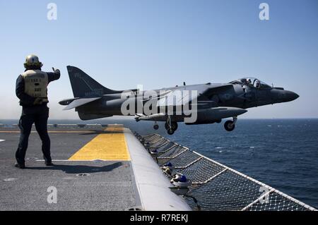 EAST CHINA SEA (3. April 2017) der Luftfahrt Bootsmann Mate (Handling) Airman Matthew Titus, von St. Louis, MO., leitet die Einführung eines AV-8B Harrier, zugeordnet zu den Kater der Marinen Attack Squadron (VMA) 311, von der Flight Deck des Amphibious Assault ship USS BONHOMME RICHARD (LHD6). Bonhomme Richard, dem Flaggschiff der Bonhomme Richard Expeditionary Strike Group, mit 31 Marine Expeditionary Unit begonnen, ist auf einer Routinepatrouille in der Indo-Asia - Pazifik Region warfighting Bereitschaft und Haltung als ready-Response Force für jede Art der Kontingenz zu verbessern. Stockfoto