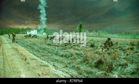 FORT Bragg, N.C. (Mar. 28, 2017) - fallschirmjäger zu Charlie Truppe, 5.Staffel, 73 Cavalry Regiment, 3. Brigade Combat Team, 82nd Airborne Division, unterstützen durch einen Brand während einer Nacht live fire Validierung Übung. Die Veranstaltung besteht aus Air Assault, platoon Handlung, LOA, Unfallversicherung medivac, Überwachung und brechen sich bei Tag und bei Nacht Truppe Bereitschaft zu gewährleisten Stockfoto