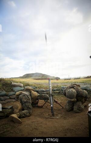 MARINE CORPS BASE HAWAII - Marines vorübergehend nach Hawaii Loslösung, Advanced Training Infanterie Bataillon, Schule der Infantry-West, Feuer 60 mm leichte Mörser System während der Erweiterten Infanterie Marine Kurs an der Kaneohe Bay Bereich Training Service an Bord der Marine Corps Base Hawaii, 31. März 2017 zugeordnet. Der aimc ist ein 7 Woche erweiterte Infanterie militärische berufliche Specialty Kurs für Marines training Squad Leader zu werden. Die Ausbildung umfasst Unterricht, Bereiche und Feld Übungen. Stockfoto