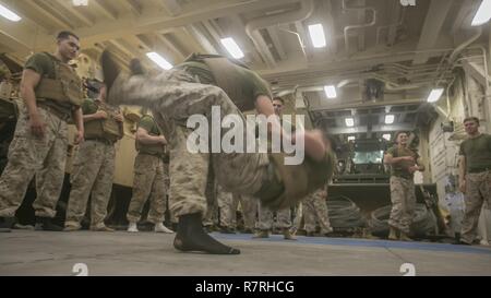 USS SOMERSET, auf See (27. März 2017), ein US-Marine mit Leichten gepanzerten Aufklärer, Bataillon Landung Team 1 Mrd., 4 Marines, 11 Marine Expeditionary Unit (MEU), führt einen Zähler auf der Runde kick Technik beim Marine Corps Martial Arts Programm (MCMAP) Training an Bord der USS Somerset LPD (25), März 27. MCMAP lehrt körperliche und geistige Disziplin, Marines helfen bei der 11 MEU ein Kampf - bereit, Körper und Denkweise erhalten. Der MEU ist bereit für Missionen im gesamten Spektrum militärischer Operationen, wie zum Beispiel Evakuierungen, humanitäre Hilfe noncombat Missionen, oder zur Bekämpfung Stockfoto