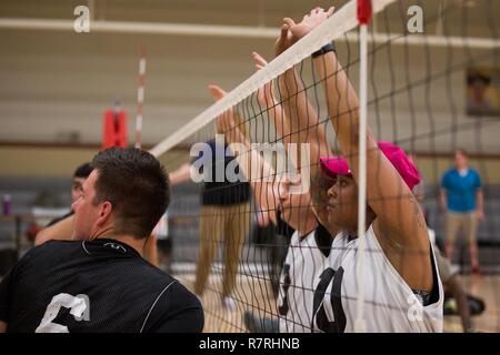 Us-Armee SPC. Stephanie Morris, Bethesda, Md., Züge für die Sitzung volleyball Event für die Krieger und Übergang Armee Studien in Fort Bliss, Texas, 3. April 2017, 2017. Über 80 Verletzte, Kranke und Verletzte aktiven - Aufgabe Soldaten und Veteranen konkurrieren in acht verschiedenen Sportarten 2-6 April für die Gelegenheit Team Armee an der Abteilung 2017 der Verteidigung Krieger Spiele zu vertreten. Stockfoto