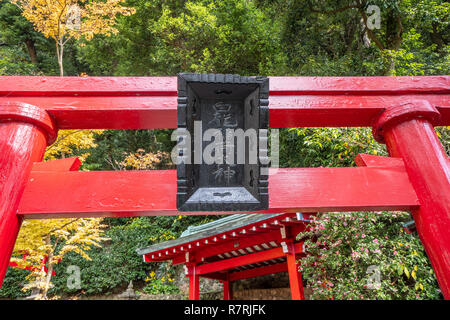 Beppu, Oita, Japan, November 8, 2018: Japanische Rote hölzerne Torii in der Nähe von UMI JIGOKU (Meer Hölle) Teich im Herbst, einer der berühmten natürlichen heißen spri Stockfoto