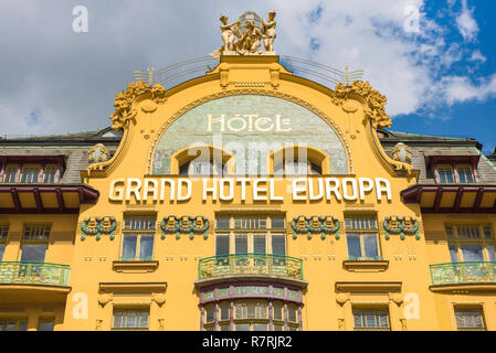 Grand Hotel Europa Prag, Detail von der Vorderseite des Jugendstil Grand Hotel Europa am Wenzelsplatz im Zentrum von Prag, Tschechische Republik. Stockfoto