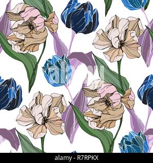 Vektor Tulip graviert Tinte Art Floral botanischen Blume. Nahtlose Muster. Stofftapeten drucken Textur. Stock Vektor