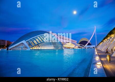 Hemisferic, Felipe Wissenschaftsmuseum und Agora. Stadt der Künste und Wissenschaften. Architekten Santiago Calatrava. Valencia. Comunidad Valencia. Spanien. Europa Stockfoto