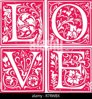 Liebe Wort aus Blumen und Blätter. Hochzeit Einladung Design. Valentines Tag Postkarte. Stock Vektor