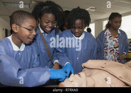 Portsmouth, Virginia (am 7. April 2017) die fünfte Klasse Schüler im Park View Elementary School touch das Gesicht eines medizinische Simulation mannequin wie Atemzüge und blinkt. Mehr als ein Dutzend Mitarbeiter von Naval Medical Center Portsmouth in Career Day an der Grundschule in Portsmouth mit der Einrichtung von drei Interaktive Wissenschaft, Technologie, Ingenieurwesen und Mathematik (STEM) - Ähnliche Stationen in Science Lab der Schule teilgenommen. Stockfoto