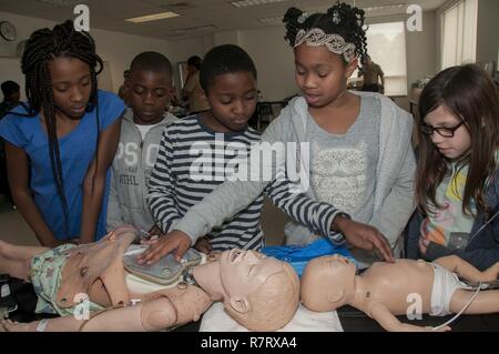 Portsmouth, Virginia (am 7. April 2017) Die vierte Klasse Schüler im Park View Elementary School touch das Kind und Säugling medizinische Simulation Schaufensterpuppen, um zu bestimmen, wie weich oder fest sind die Komponenten. Mehr als ein Dutzend Mitarbeiter von Naval Medical Center Portsmouth in Career Day an der Grundschule in Portsmouth mit der Einrichtung von drei Interaktive Wissenschaft, Technologie, Ingenieurwesen und Mathematik (STEM) - Ähnliche Stationen in Science Lab der Schule teilgenommen. Stockfoto