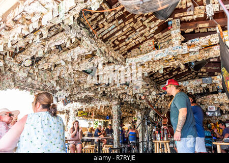 Key West, USA - Mai 1, 2018: Inside Restaurant Bar berühmten Willie T's Schild mit viele Dollarscheine in Florida, Reisen, Menschen Musiker Musik wiedergeben Stockfoto