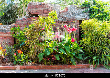 Key West, USA - Mai 1, 2018: Brick Festungsmauer und Pflanzen Blumen in Martello botanischen Garten Center mit niemand, Architektur in Florida Stockfoto