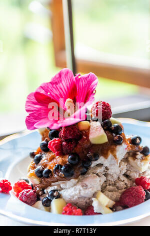 Hausgemachte raw vegan Eis von Nüssen und Früchten frisch vom Garten auf die Fensterbank, Sirup nachfüllen, Rosa rote Essbare malva Blume, Himbeeren Stockfoto