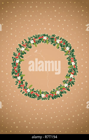 Retro Adventskranz gemacht von Zweigniederlassungen von Holly und Mistel über Brown vintage Hintergrund mit Bokeh Stockfoto