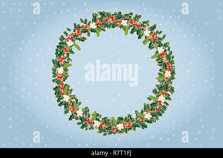 Adventskranz von Zweigniederlassungen von Mistel gemacht und Holly oben blau schimmernden Hintergrund Stockfoto