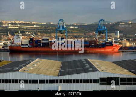 Frankreich, Bouches-du-Rhone, Marseille, Marseille Grand Port Maritime, 16. Arrondissement, Saint Andre Bezirk, Mole Leon Gourret, Container Terminal und Saint Henri Bezirk im Hintergrund Stockfoto