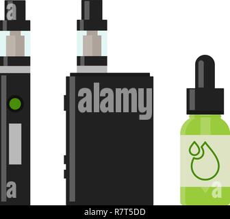 Vaping Gerät und Zubehör. Elektronische Zigarette und Flaschen mit vape Flüssigkeit. e-liquid, e-Saft. Isolierte Vector Illustration auf weißem Hintergrund. Stock Vektor
