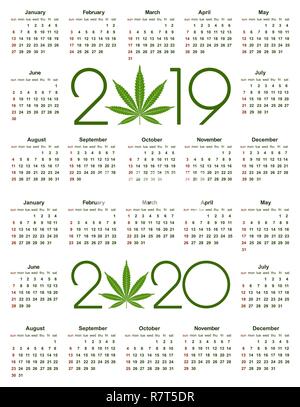 Marihuana Kalender für 2019 und 2020 Jahr. Die medizinische Verwendung von Cannabis. Einfachen Vektor Vorlage. Briefpapier Design Vorlage. Isolierte Vector Illustration auf Weiß Stock Vektor