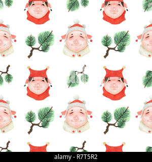 Das chinesische Neujahr Lustige jugendlich Piggy und Kiefer Zweig Stockfoto