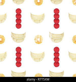 Das chinesische Neujahr gekochte Klöße und Lucky Münzen Stockfoto