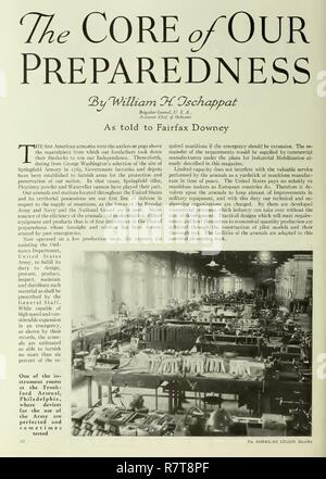 Dies ist der Beginn eines Artikels für und in der 1934 American Legion national Magazine von dann Major General William H. Tschappat, der Assistant Chief of Ordnance für die US Army.  Seine Worte dann ring noch wahr heute Watervliet Arsenal ist entscheidend für die Nation Bereitschaft für den Krieg. Stockfoto