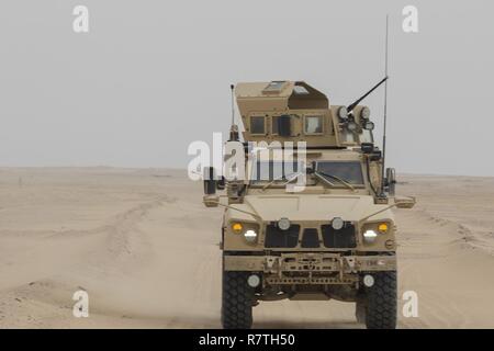 Ein Fahrzeug aus der 1670Th Transportation Company führt Konvoi Ausbildung an der Udairi Bereich komplexe, Camp Buerhing, Kuwait, 21. März 2017. Der Konvoi live Fire Training soll Soldaten zu trainieren Ziele zu engagieren, während man sich bewegt. Stockfoto