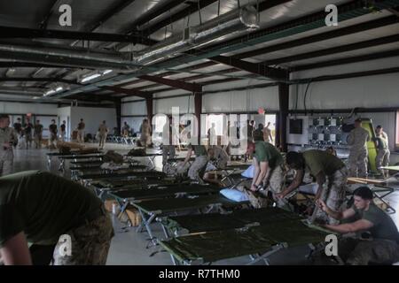 Marines einrichten Kinderbetten in einem Squad Bay nach der Ankunft für eine CONUS basierte Alert Force Übung in Guantanamo Bay Naval Base, Cuba, 8. April 2017. Die CBAF übung nahm die Marines Marinestation Guantánamo Bay, wo sie auch ihre Fähigkeit, eine ganze Firma von Marines in ein fremdes Land kurzfristig umziehen demonstriert. Die Marines sind mit 3Rd Battalion, 2nd Marine Regiment. Stockfoto