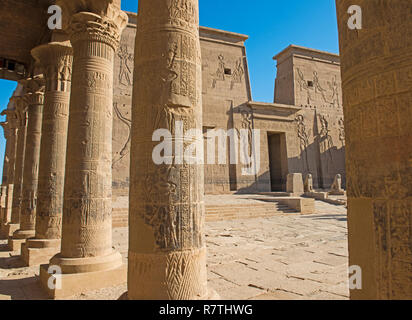 Hieroglypic Schnitzereien an Wand und Säulen am Eingang zum alten ägyptischen Tempel der Isis auf der Insel Philae Assuan Stockfoto