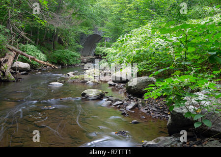 Die pocantico Fluss schlängelt sich durch den Wald in der Nähe von einem alten Schlitten Road Bridge. Rockefeller State Park, New York Stockfoto