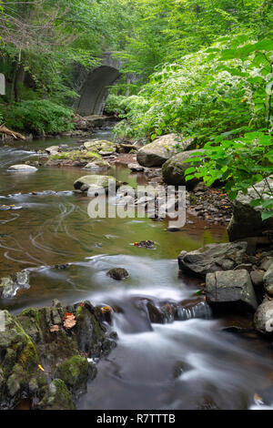 Die pocantico Fluss fließt von unten eine alte Kutsche Road Bridge. Rockefeller State Park, New York Stockfoto