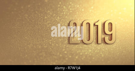 Neues Jahr 2019 Datum Nummer auf einem glitzernden Gold Hintergrund - 3D-Darstellung Stockfoto