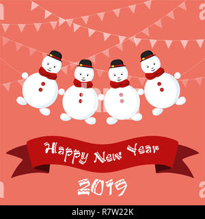 Frohes neues Jahr Gruß auf Banner mit Cartoon niedliche Schneemänner Stockfoto