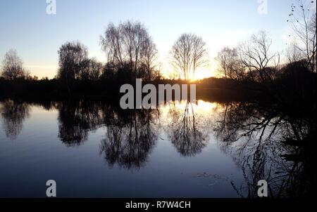 Wunderschöne natürliche Landschaft mit Silhouetten von Bäumen mit Filialen ohne Blätter in der Nähe eines ruhigen Sees im Herbst Abend bei Sonnenuntergang gegen die sunlig Stockfoto