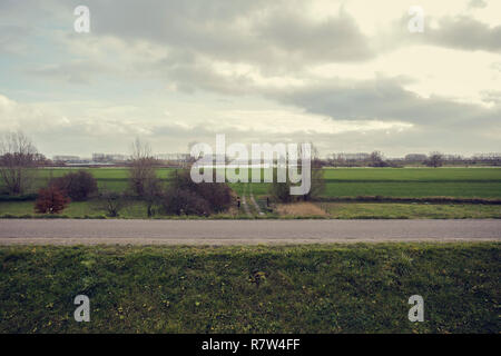 Den Fluß Waal und ein Deich in den Niederlanden, schöne Landschaft, grüne Wiese Stockfoto