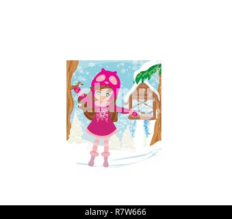Mädchen füttert die Vögel im Winter Stock Vektor