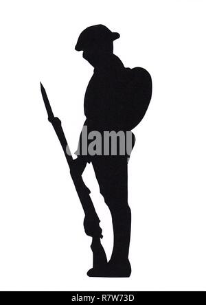 1. Weltkrieg, Soldat in Silhouette, Britisch, Commonwealth, amerikanischer GI, Tommy, ANZAC, großer Krieg, erinnern, Zeremonie, Streitkräfte, Memorial, Armee. Stockfoto