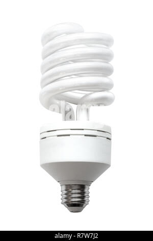 Eine kompakte Leuchtstofflampen (CFL), auch als kompakte Leuchtstofflampen, Energiesparlampen auf weißem Hintergrund. Stockfoto